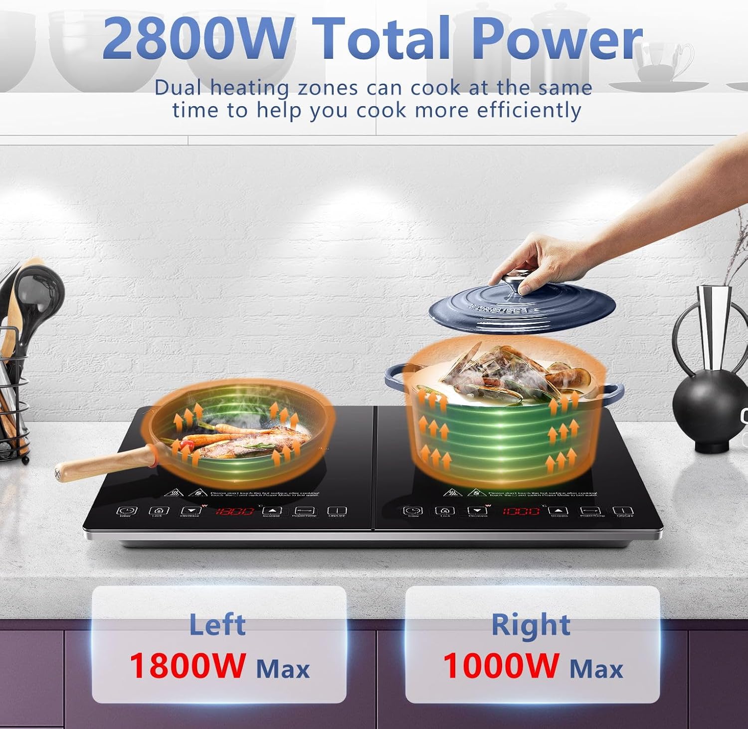 AMZCHEF Double Induction Hob 2800W Portable Cooker Ultra-Thin 10 Temperature Levels 3-Hour Timer Safety Lock Black