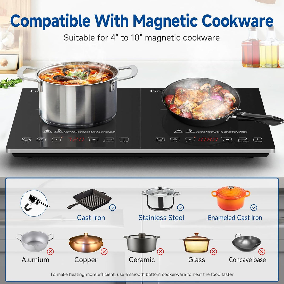 AMZCHEF Double Induction Hob 2800W Portable Cooker Ultra-Thin 10 Temperature Levels 3-Hour Timer Safety Lock Black