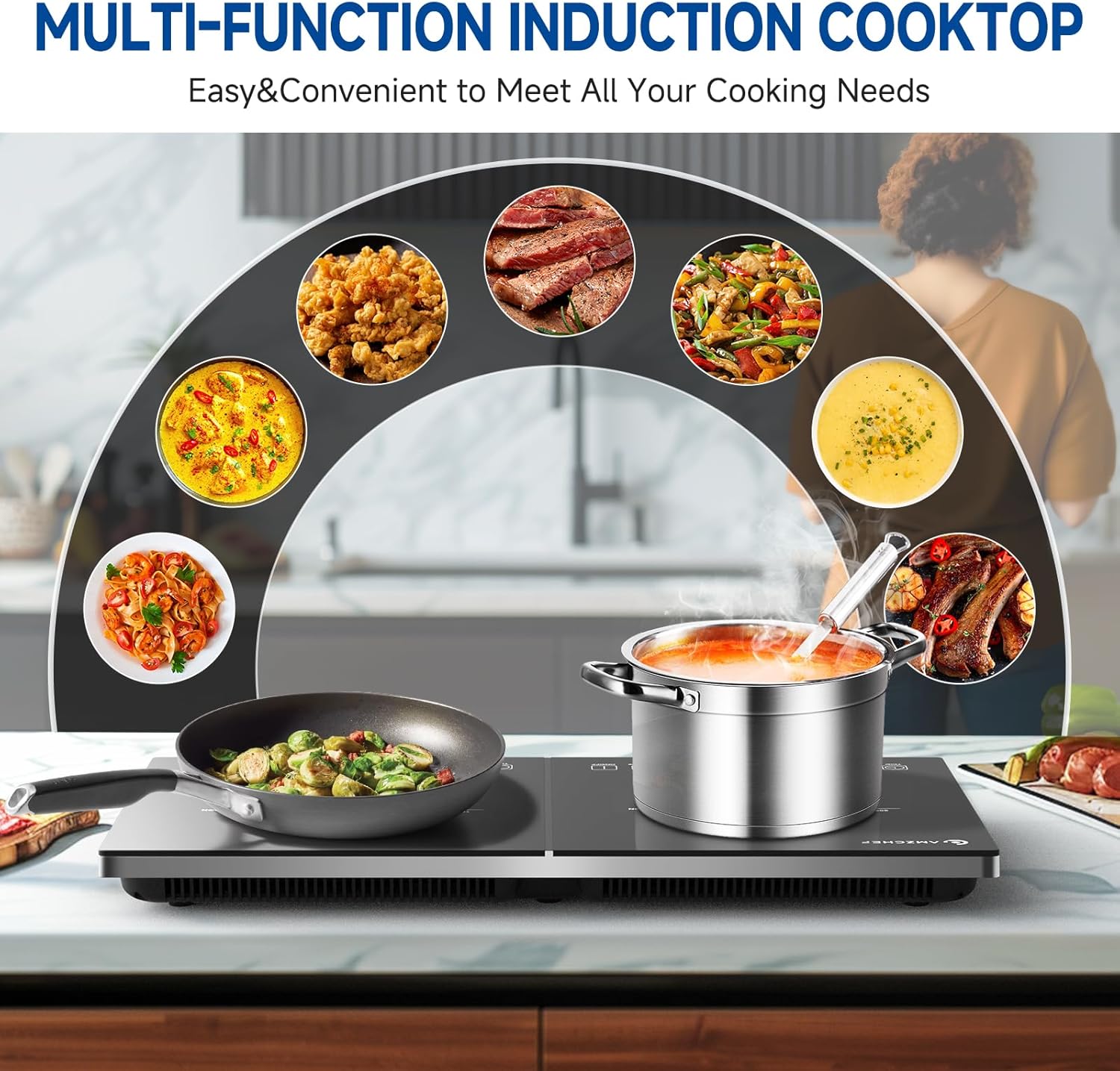 AMZCHEF Double Induction Hob 2800W Portable Cooker Ultra-Thin 10 Temperature Levels 3-Hour Timer Safety Lock Black