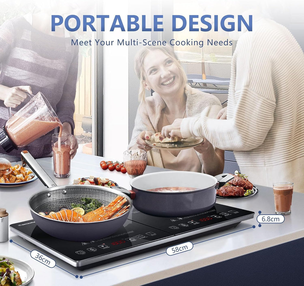 AMZCHEF Double Induction Hob 2800W Portable Cooker Ultra-Thin 10 Temperature Levels 3-Hour Timer Safety Lock Black